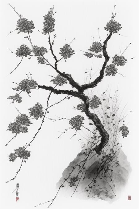 28174-1775600990-no humans, tree, mountain, bird, scenery, outdoors, branch, sky, cherry blossoms, monochrome, fog, spot color.png